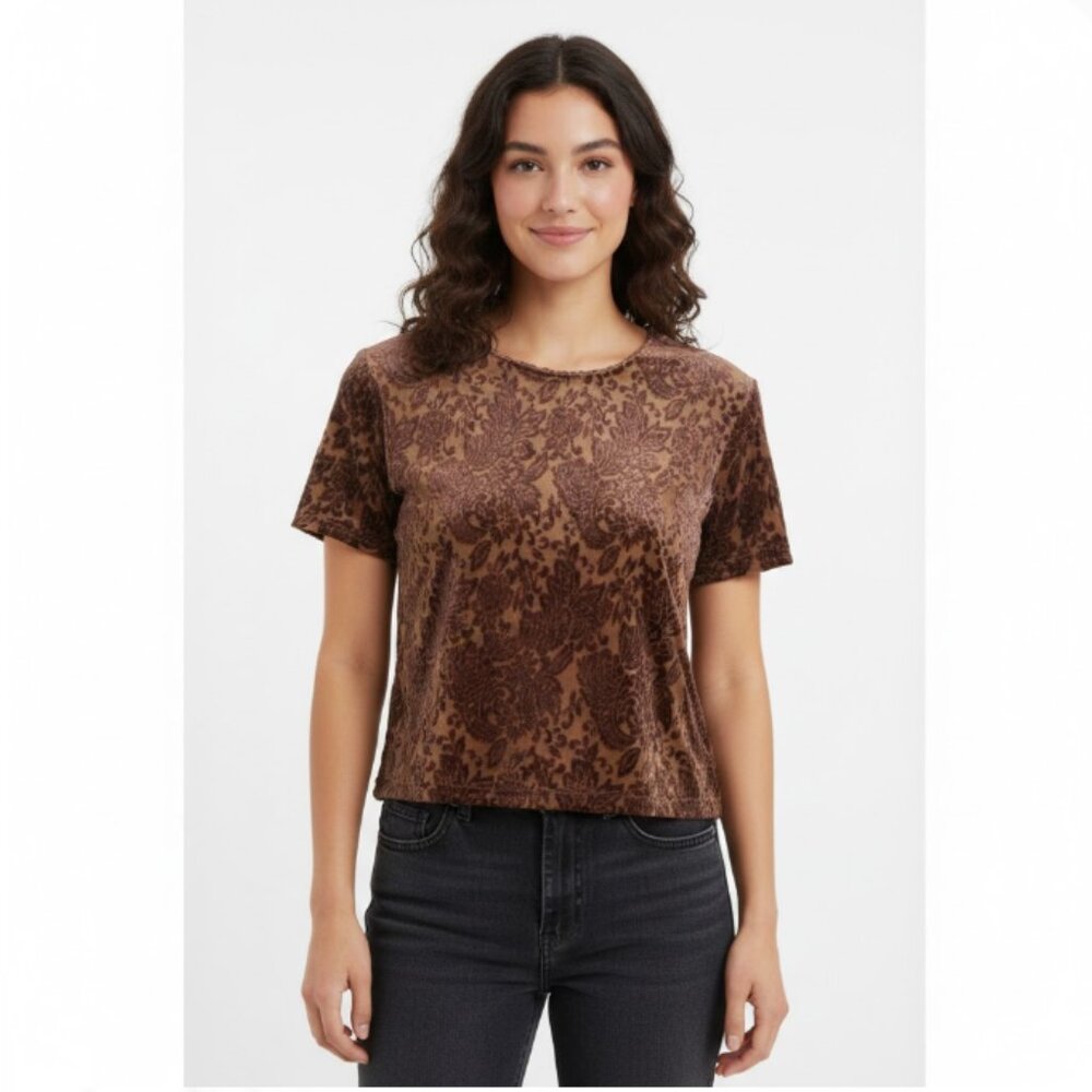 Vintage Impressions Large‎ Brown Floral Abstract Velvet Burnt-out Top Fall Boho